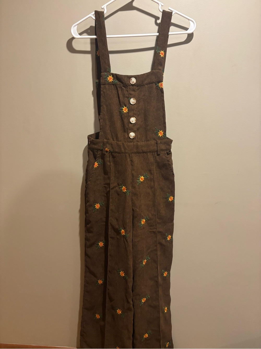 Cider Brown Corduroy Floral Embroidered Overalls